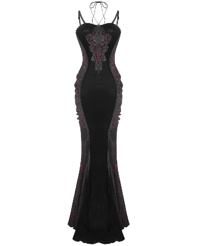 Eva Lady Dark Devore Gothic Velvet & Lace Mermaid Dress - Black & Red Tunics Ceremony elegant