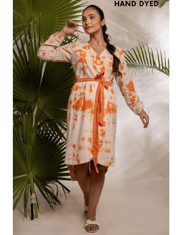 Women Orange  Wrap Tie & Dye Dress Tunics Designer luxury