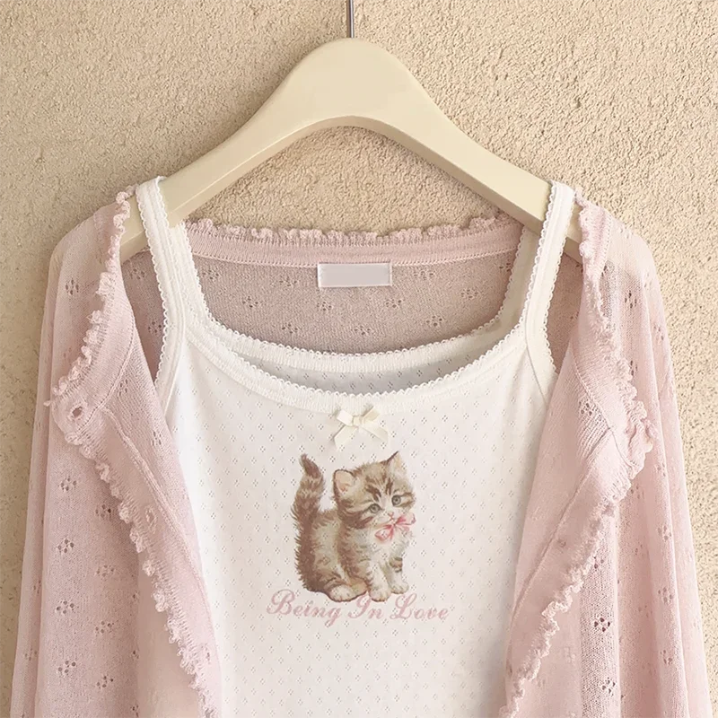 Wjczt Cute 2 Piece Tops Women Summer 2023 Cardigans and Crop Tops for Sweet Girls Floral Cat Print Kawaii Clothes Anti-Shrink Durable Soft Wjczt Cute 2 Piece Tops Women Summer 2023 Cardigans and Crop Tops for Sweet Girls Floral Cat Print Kawaii Clothes Anti-Shrink Durable Soft