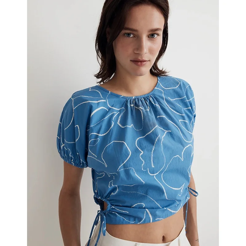 MADEWELL Embroidered Cutout Crop Top XXS Ornamental Blue Poplin Puff-Sleeve NWT Sequined Glittery Shiny MADEWELL Embroidered Cutout Crop Top XXS Ornamental Blue Poplin Puff-Sleeve NWT Sequined Glittery Shiny
