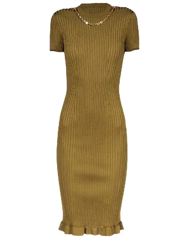 Short Sleeve Midi Knit Dress with Neck Chain Boat Neckline Classic