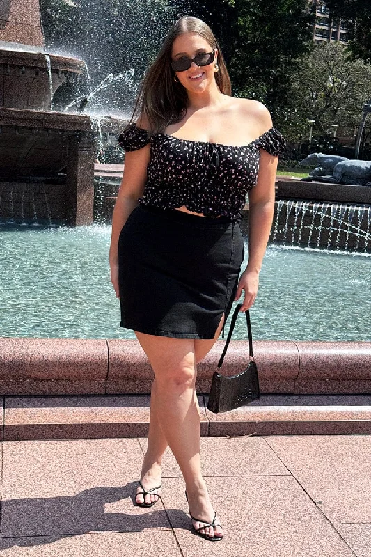 Black Ditsy Crop Top Short Sleeve Ruched Casual Formal Business