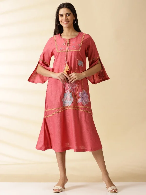 Rosy Pink Applique Work  Women Cotton Dress Tunics Silk luxurious