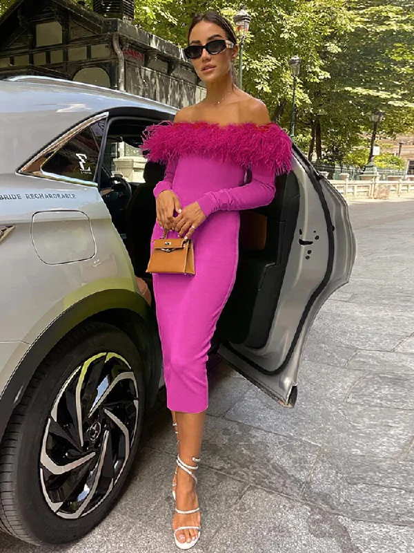 Sexy Strapless Feather Women Dress Green Long Sleeve High Waist Dress Tunics Luxurious high-end