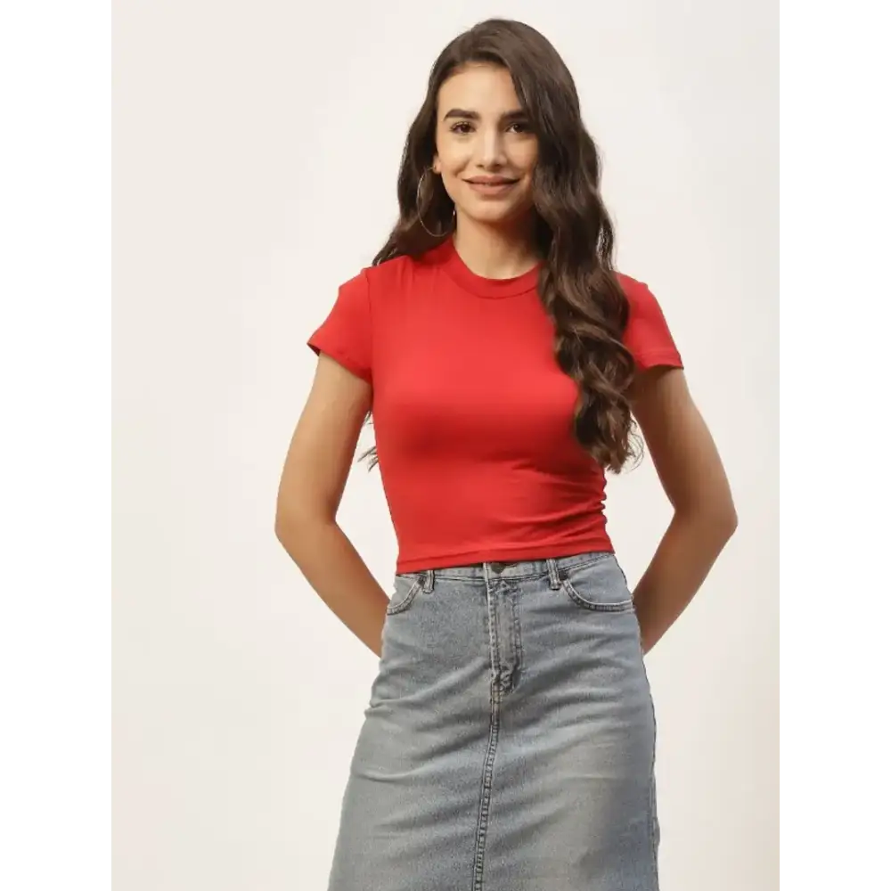Women red Solid soft streachable Crop Top Sequined Glittery Shiny