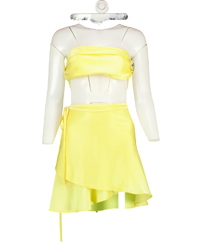 Deusa Yellow Satin Crop Top And Skirt Co-ord UK S/M Solid Print Embellished