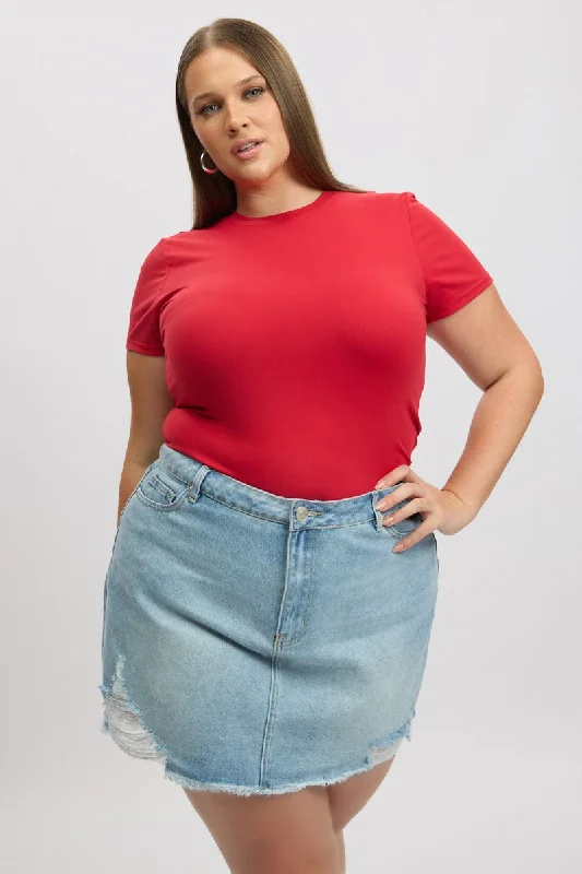 Red T-Shirt Short Sleeve Crop Top Mesh Canvas Denim
