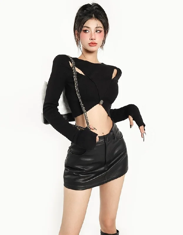 Alice Solid Color Cut Out Long Sleeve Crop Top Welt Pockets Slit Pockets Flap Pockets Alice Solid Color Cut Out Long Sleeve Crop Top Welt Pockets Slit Pockets Flap Pockets