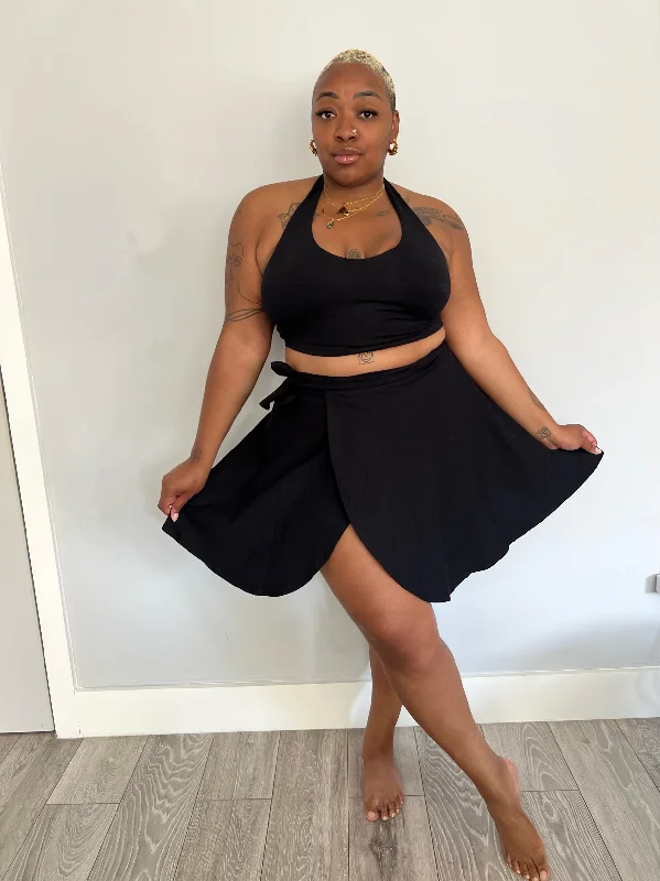 Halter Crop Top in Black Satin Blend Silk Blend Wool Blend