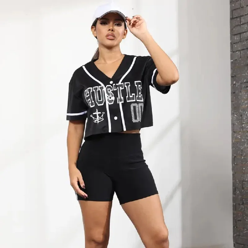 Womens Cross.N.Crown Hustle Sporty Crop Top Button Jersey Denim Fabric Leather Fabric Suede Fabric Womens Cross.N.Crown Hustle Sporty Crop Top Button Jersey Denim Fabric Leather Fabric Suede Fabric