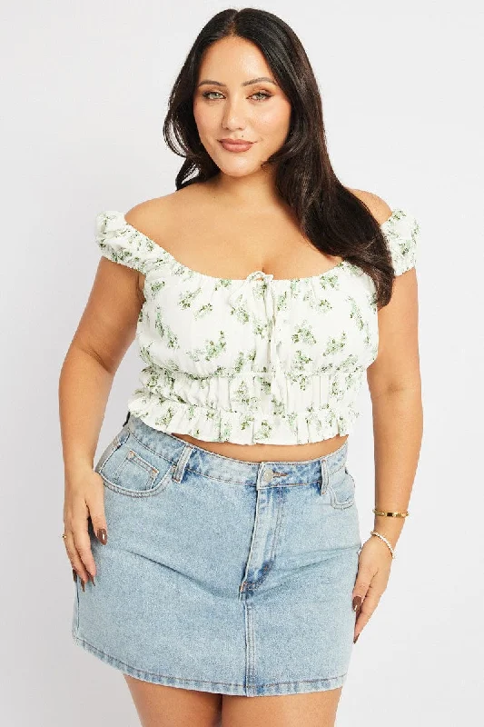 Green Ditsy Crop Top Short Sleeve Ruched Bust Modern Contemporary Chic