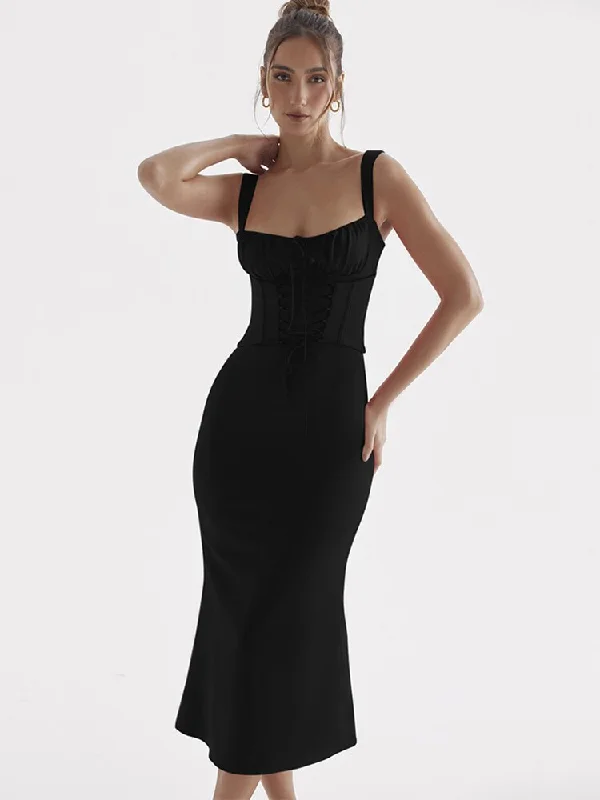 Shirring Lace-up Slim Wrap Straps Long Dress Sexy Backless Women V-Neck Solid Camisole Dress Casual Party Night Clubwear Tunics Sophisticated sleek Shirring Lace-up Slim Wrap Straps Long Dress Sexy Backless Women V-Neck Solid Camisole Dress Casual Party Night Clubwear Tunics Sophisticated sleek