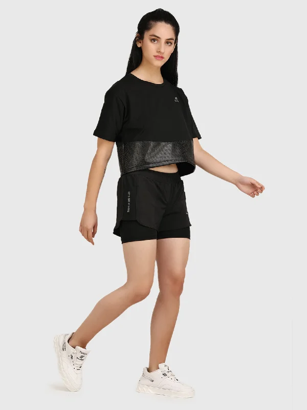 Black Leather Patch Women's Fitness Crop Top Layered Multi-layer Single Layer