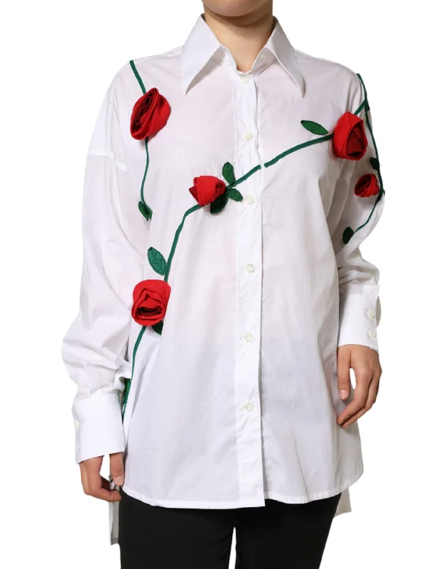 White Cotton Flower Applique Dress Shirt Top Floral Print girly