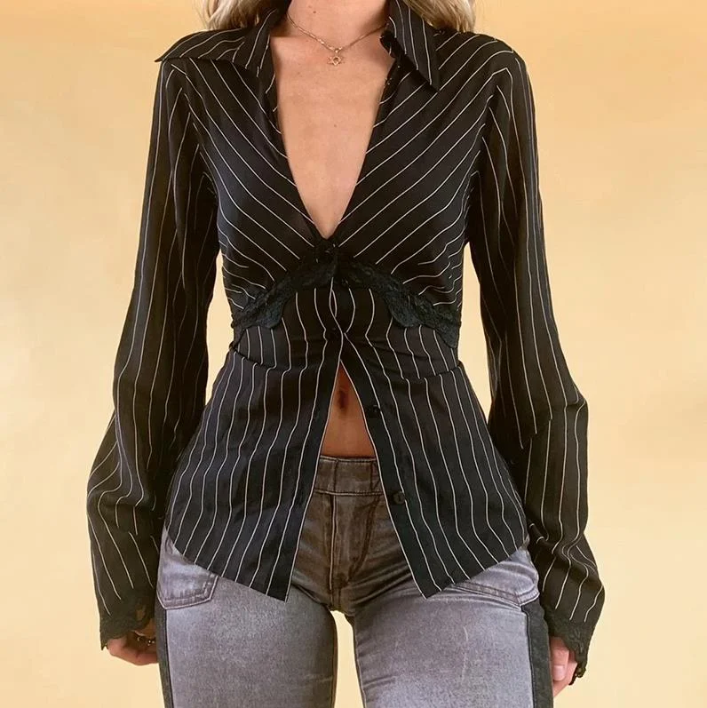 Wjczt Autumn Lace Striped Women T-Shirts Neck Button Elegant Crop Top Vintage Skinny Flare Sleeve Cardigans Women Korean T-Shirt Wool Fabric Cashmere Fabric Tweed Fabric Wjczt Autumn Lace Striped Women T-Shirts Neck Button Elegant Crop Top Vintage Skinny Flare Sleeve Cardigans Women Korean T-Shirt Wool Fabric Cashmere Fabric Tweed Fabric