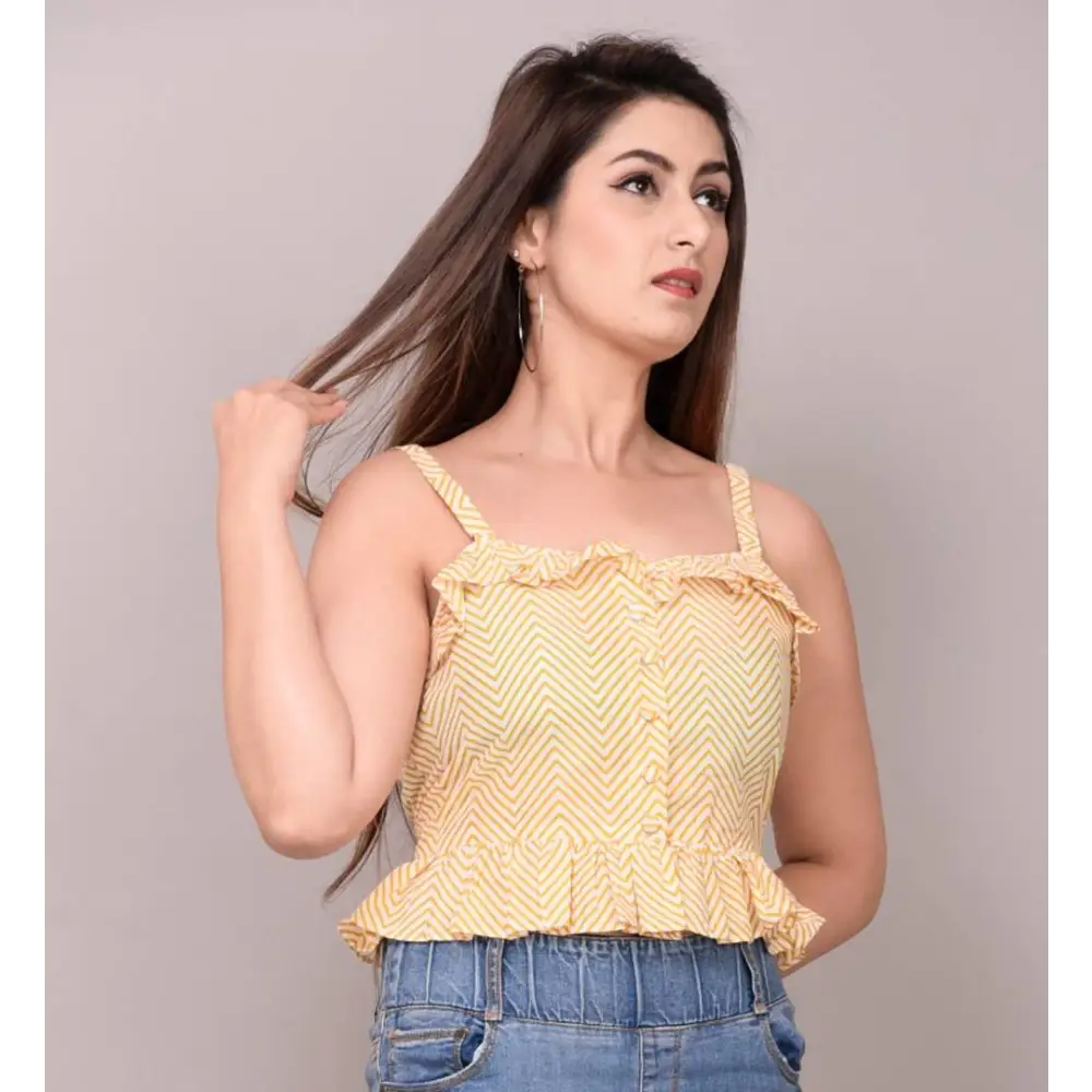 Stylish Cotton Zig Zak Print Western Wear Crop Top (Yellow) Wool Fabric Cashmere Fabric Tweed Fabric