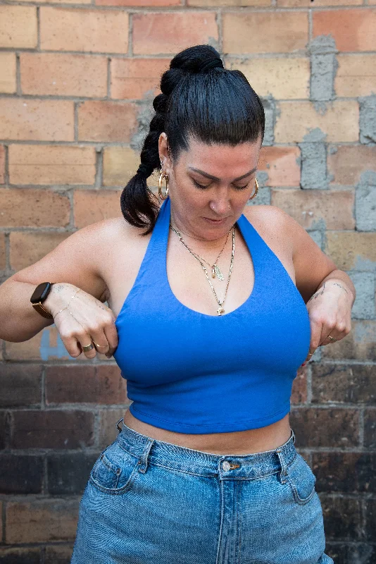Halter crop top in Forgetmenot Denim Fabric Leather Fabric Suede Fabric
