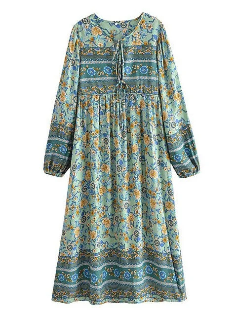 Beach Vacation Dresses Women Long Sleeve Green Floral Print Tie Neck Tunics Print Colorful Beach Vacation Dresses Women Long Sleeve Green Floral Print Tie Neck Tunics Print Colorful