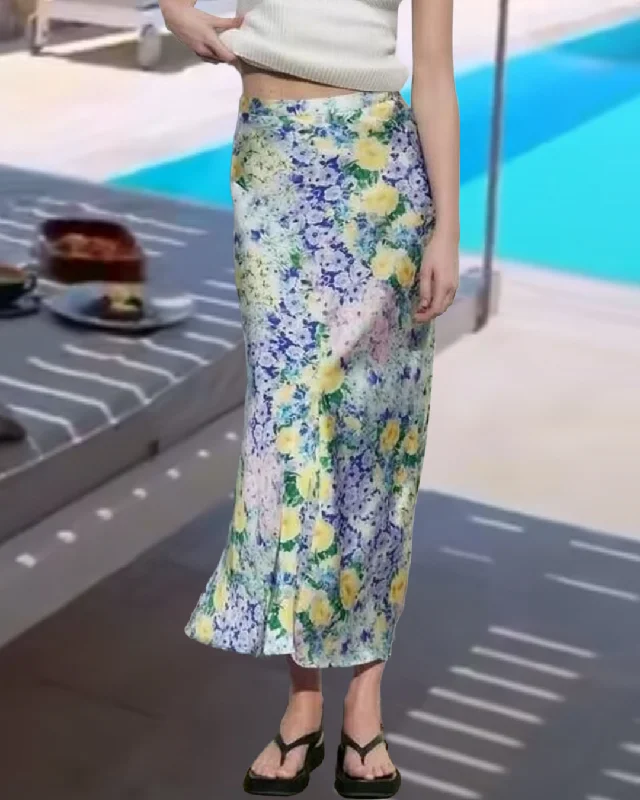 New Women's Floral Printed Midi Skirt 2023 Summer Female High Waist Chic A-line Dress Vintage Beach Style Mid-Calf Skirt Tunics Wedding white New Women's Floral Printed Midi Skirt 2023 Summer Female High Waist Chic A-line Dress Vintage Beach Style Mid-Calf Skirt Tunics Wedding white