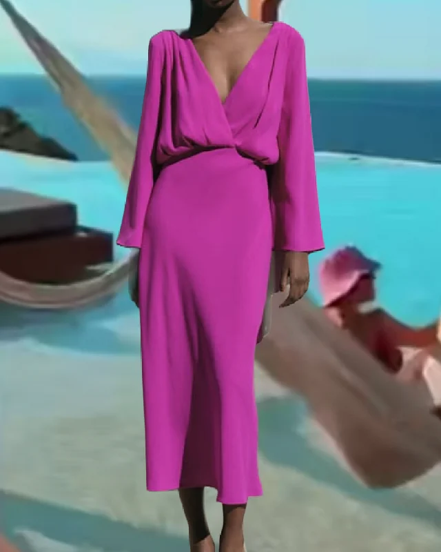 Elegant Women Solid Mid-Calf Dresses 2023 New Summer Fashion Deep V-neck A-line Long Sleeve Vestidos Tunics Business professional Elegant Women Solid Mid-Calf Dresses 2023 New Summer Fashion Deep V-neck A-line Long Sleeve Vestidos Tunics Business professional