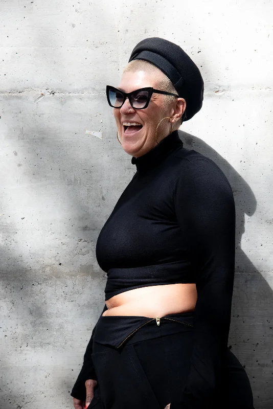Turtle Neck Long Sleeve Crop Top with Hole in Black Modern Contemporary Chic