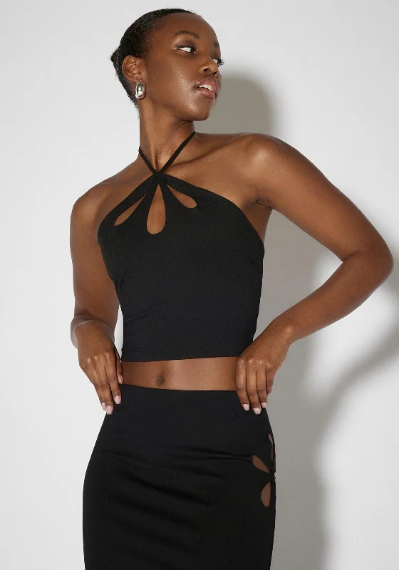 SOMETHINGNEW Claudette Crop Top, Black Striped Floral Plaid