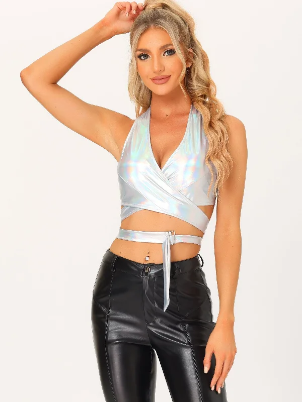 Metallic Halter Neck Deep V Neck Backless Holographic Crop Top Print Jacquard Patchwork Metallic Halter Neck Deep V Neck Backless Holographic Crop Top Print Jacquard Patchwork