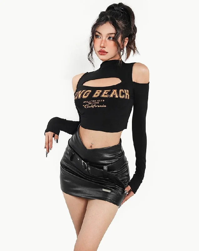 LONG BEACH Graphic Letter Print turtleneck Cut Out Crop Top Notch Collar Peter Pan Collar Cowl Neck LONG BEACH Graphic Letter Print turtleneck Cut Out Crop Top Notch Collar Peter Pan Collar Cowl Neck
