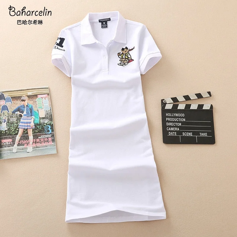 Embroidery Polo Casual Dress Tunics Solid Classic