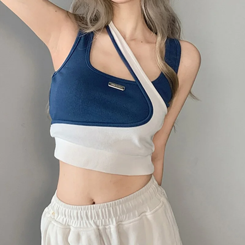 Wjczt Fake Two-piece Vest Top Girls Irregular One Shoulder Slim Fitting Knitted Short Tee Women's New Crop Top Tank Tee Summer Handmade Hand-knitted Hand-woven Wjczt Fake Two-piece Vest Top Girls Irregular One Shoulder Slim Fitting Knitted Short Tee Women's New Crop Top Tank Tee Summer Handmade Hand-knitted Hand-woven