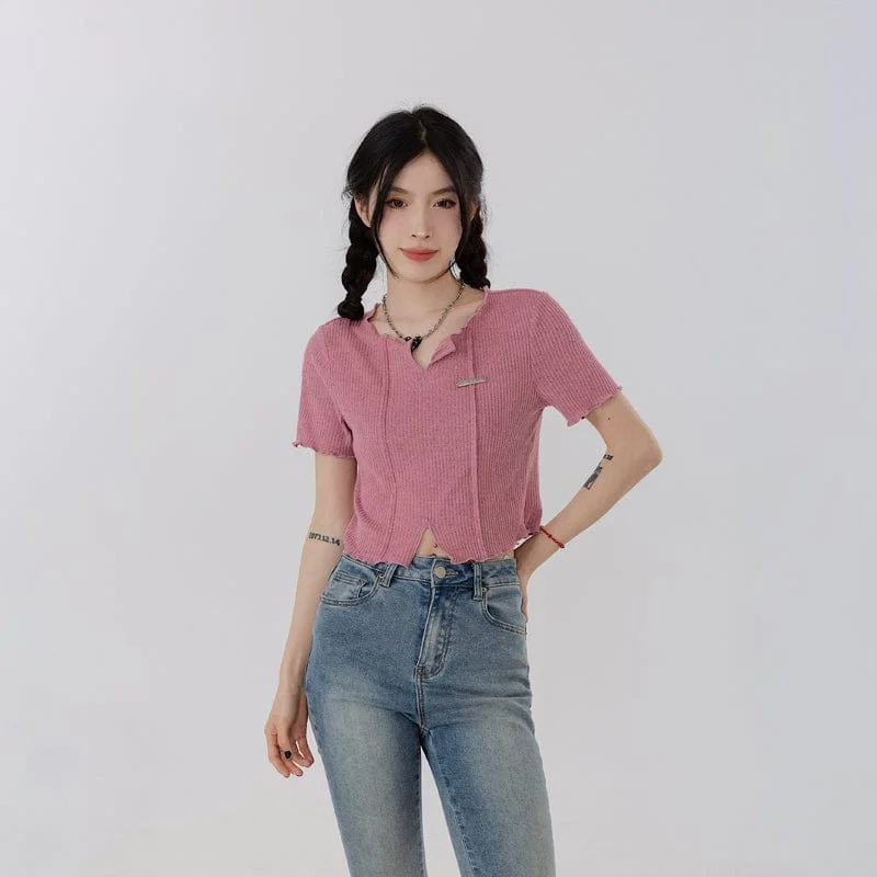 RTK (W) No. 3223 KNIT DISTRESSED CROP TOP Welt Pockets Slit Pockets Flap Pockets