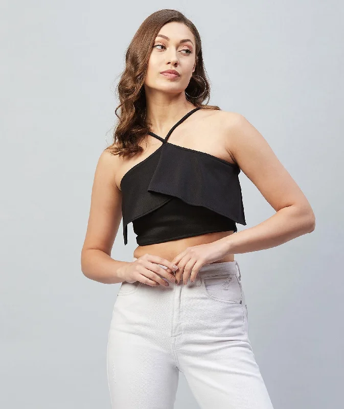 Women's Solid Tie Up Neck Black Crop Top Cotton Fabric Linen Fabric Terry Fabric