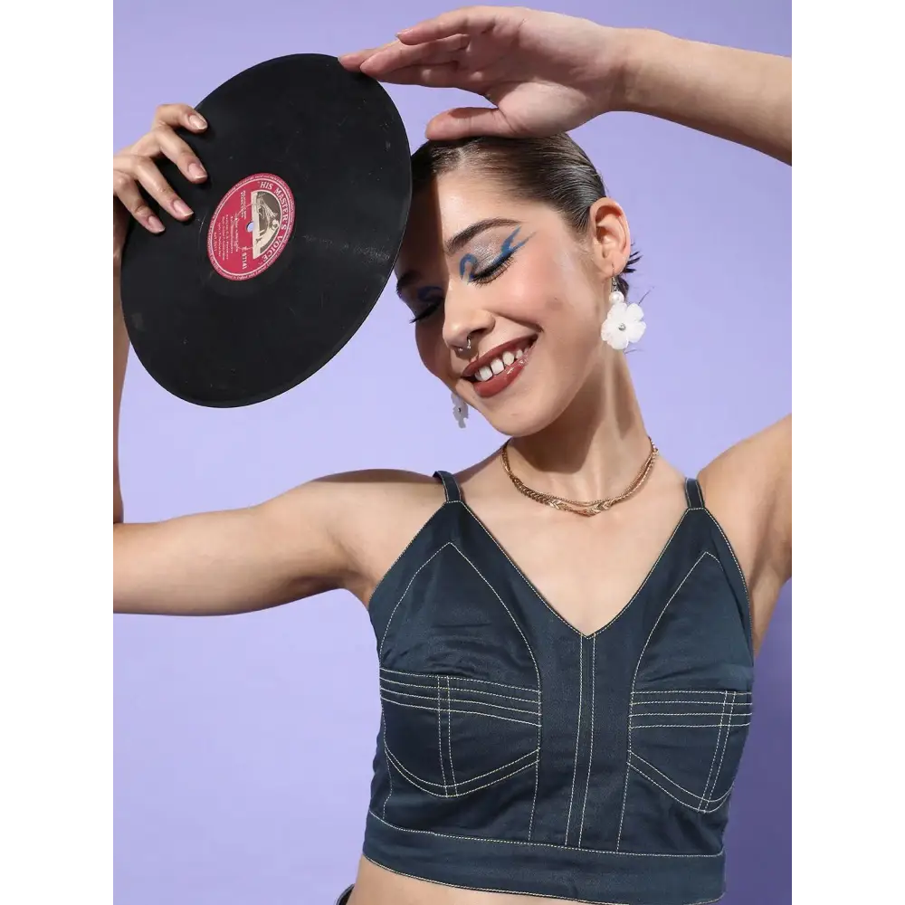 Style Quotient Women Navy Blue White Pure Cotton Bralette Crop Top Houndstooth Herringbone Solid Style Quotient Women Navy Blue White Pure Cotton Bralette Crop Top Houndstooth Herringbone Solid