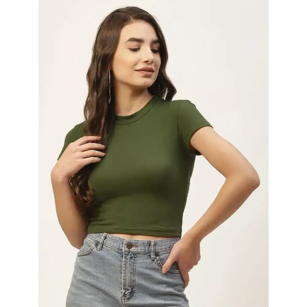 Women olive Solid soft streachable Crop Top Mesh Fabric Canvas Fabric Denim Fabric