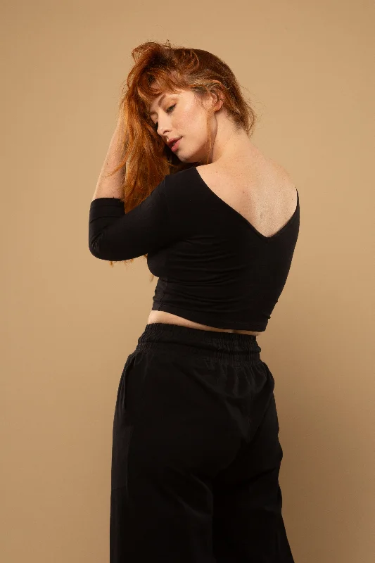 Reversible V-neck Crop Top 3/4 sleeve in Black Mesh Canvas Denim