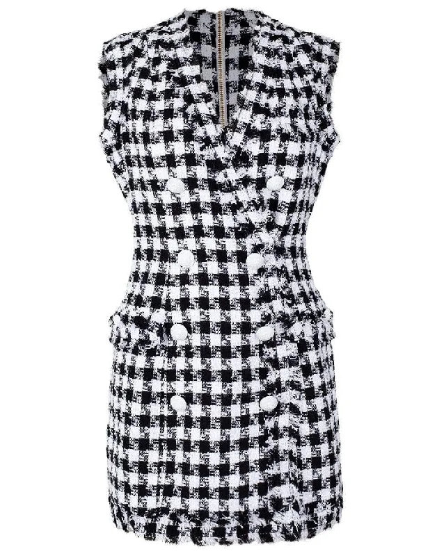 Sleeveless 8 Button Gingham Tweed Dress empire Waist empire