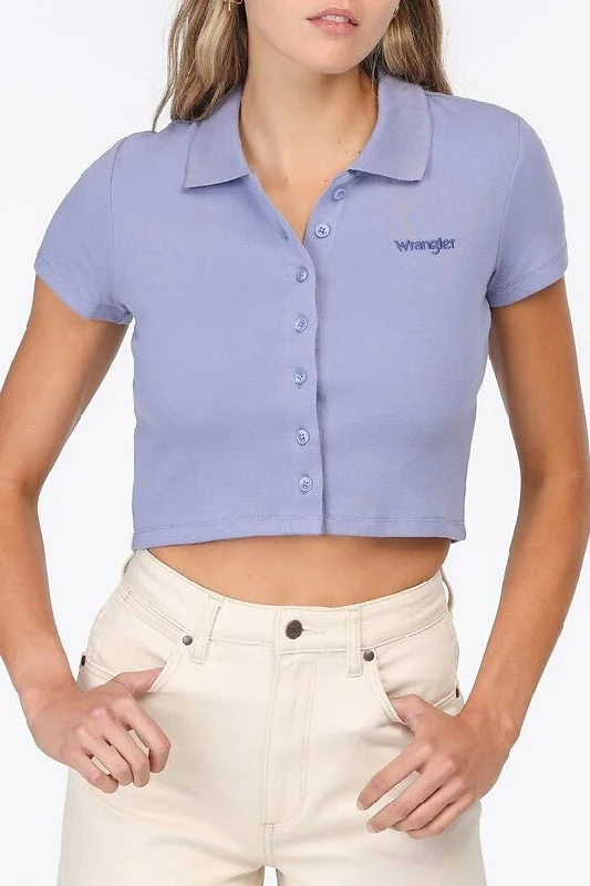 WRANGLER Womens Ava Button Up Crop Top - Hydrangea Notch Collar Peter Pan Collar Cowl Neck