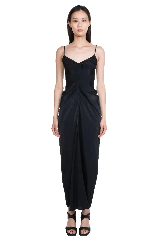 Draped Cinched Backless Dress Black Square Neckline Feminine
