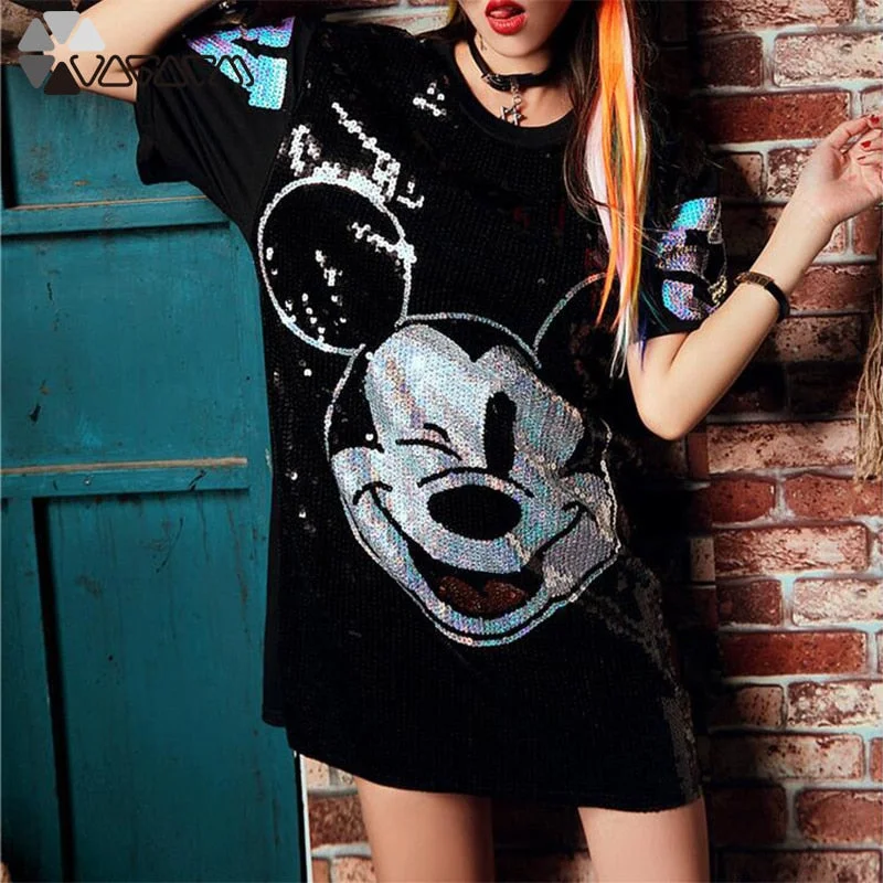 O-Neck Minnie Mickey Mouse Sequin Dress Tunics Plaid country