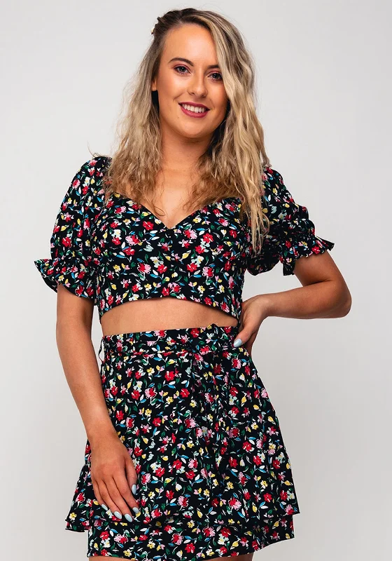 Seventy1 Short Sleeve Crop Top, Black Print Jacquard Patchwork