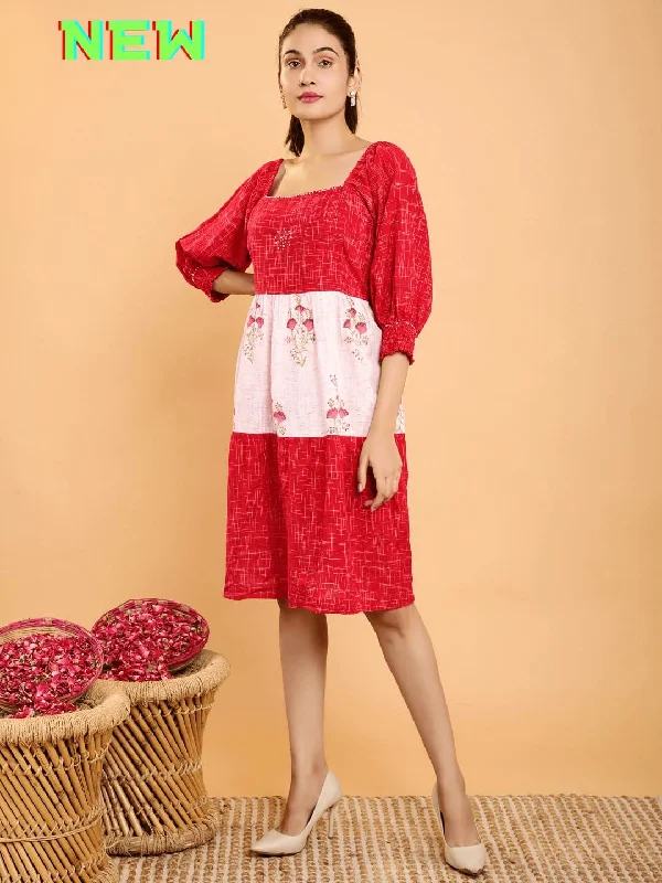 Red Layered Color Blocking Dress Tunics Party sparkling