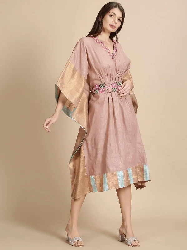 Peach floral Beads cluster Kaftan Dress. Turtleneck Neckline Stylish