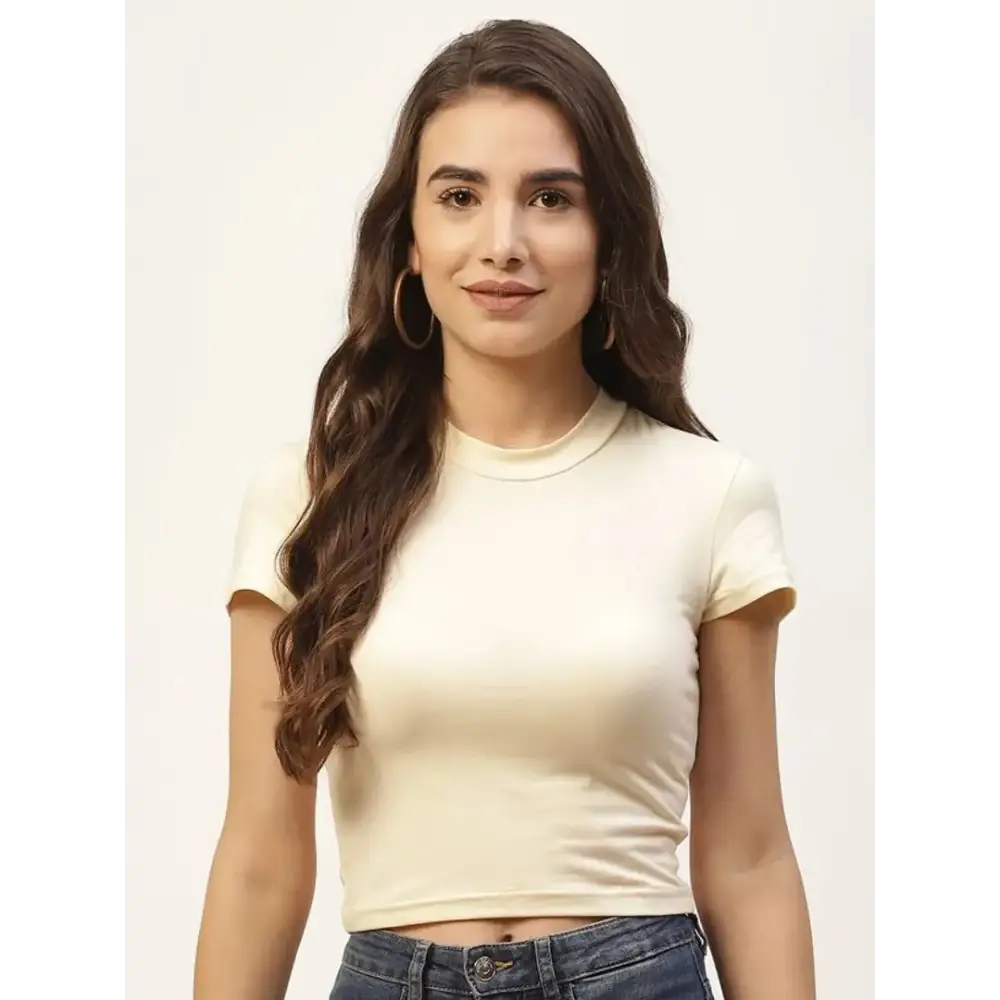 Women cream Solid soft streachable Crop Top Mesh Blend Leather Blend Suede Blend