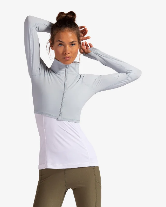 BloqUV: Women's UPF 50 Full Zip Crop Top (4010) - Soft Gray Zippered Front Buttoned Front Snap Front BloqUV: Women's UPF 50 Full Zip Crop Top (4010) - Soft Gray Zippered Front Buttoned Front Snap Front