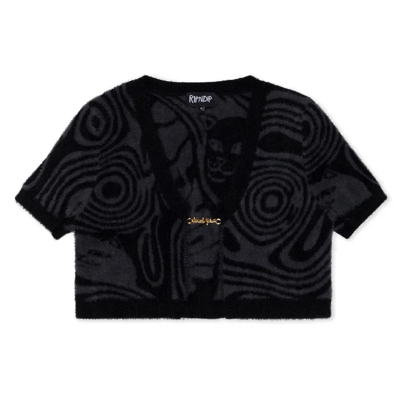 Hypnotic Open Front Crop Top (Black) Asymmetrical Pockets Print