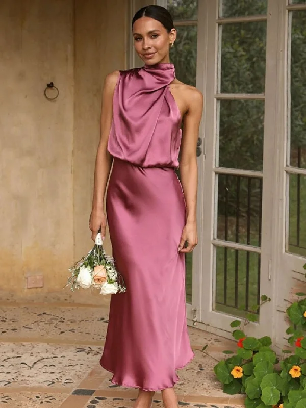 Elegant Sexy Club Summer Dress Women Sleeveless Halter Evening Solid Satin Dress Party Formal Occasion Dresses Vestido Halter Neckline Beach