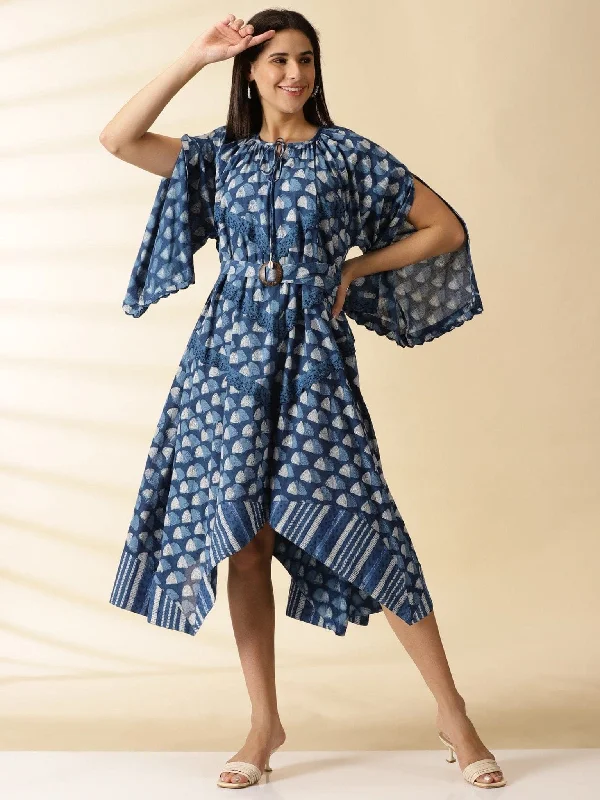 Indigo Blockprinted handkerchief Dress Tunics Satin smooth
