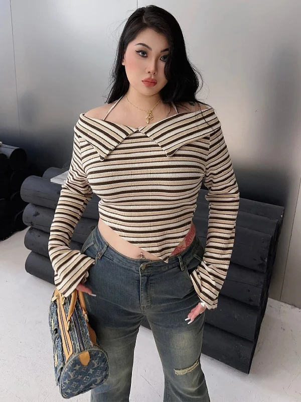 Hilary Stripe Long Sleeve Halter Off the Shoulder Slim Crop Top Lace Blend Ribbed Blend Corduroy Blend Hilary Stripe Long Sleeve Halter Off the Shoulder Slim Crop Top Lace Blend Ribbed Blend Corduroy Blend