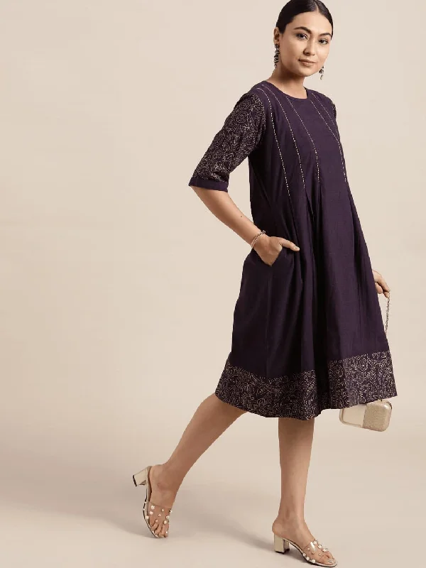 Dark Purple Block print Cotton Dress Tunics Fashionable trendy