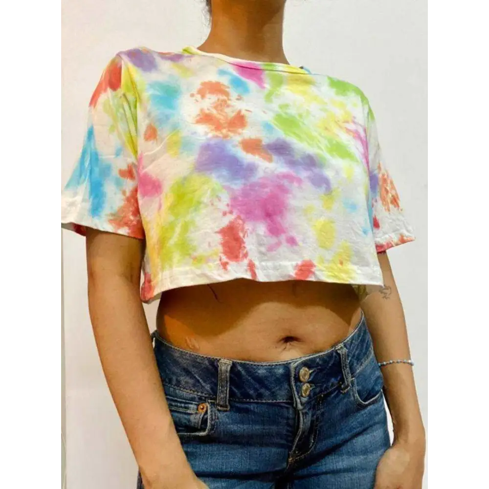 Multicolour Dots Tie Dye Cotton Crop Top Mesh Fabric Canvas Fabric Denim Fabric
